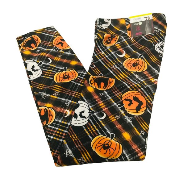 NOBO Pants - NoBo Women's Size Lg 11-13 Halloween Fall High Rise Leggings Plaid Pumpkin Black